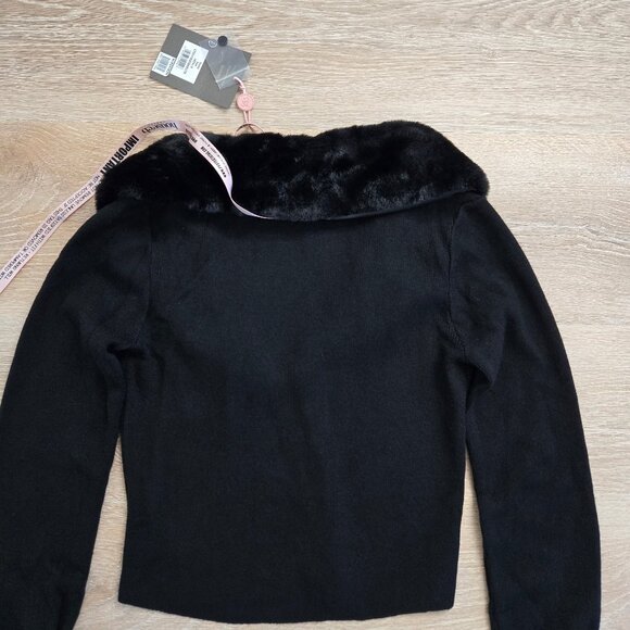 House of CB Blanche Black Faux Fur Trim Cropped Cardigan Medium New With Tags - Picture 14 of 17